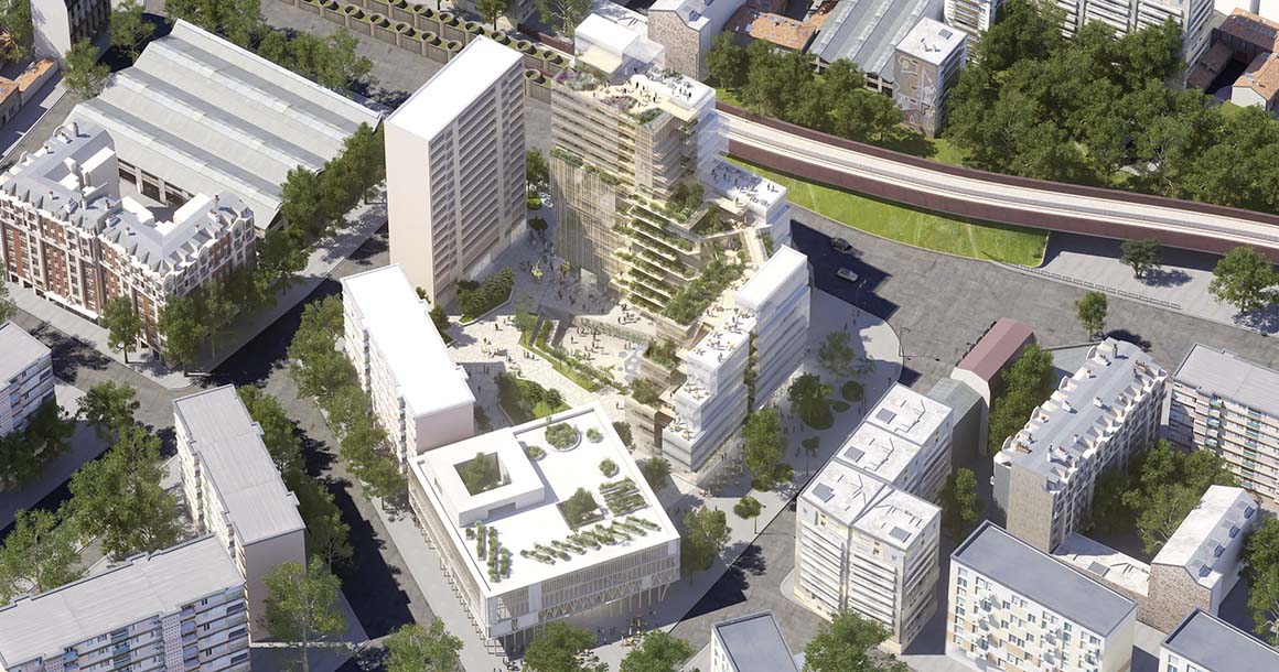 Urban Osmose : depuis 10 ans, le centre commercial et artisanal Léon Blum est en pleine reconversion. Le projet Urban Osmose s’intègre dans cette mutation. A dominante tertiaire, il s’étendra sur 13 000 m². L’ensemble des éléments du programme seront distribués par un parvis végétal à usage public. De vastes toitures-terrasses accessibles et ornées de plantation renvoient à cette promenade en creux. (MO : Pichet / MOe : 2Portzamparc)