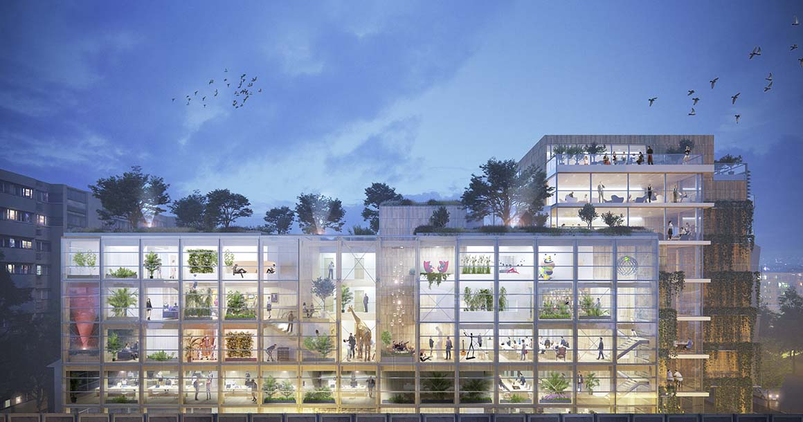 Paris Puces : installé au croisement de l’axe Pleyel / Clignancourt avec le boulevard périphérique, le site Paris Puce a pour vocation de devenir un pôle de transmission, de fabrication et de partage  culturel original autour du design, de l’antiquité, de l’artisanat et de la création audiovisuel. Marqueur de l’entrée vers le quartier des Puces de Saint-Ouen, son architecture a été pensée pour participer à la réduction des fractures sociales, à valoriser une relation apaisée avec le périphérique, à anticiper les mutations urbaines et permettre une mixité programmatique. La présence de terrasse accessible et arborée participe pleinement à ce parti-pris tout en réconciliant nature et infrastructure et en s’intégrant dans la stratégie de ceinture verte tout autour de la capitale. (MO : Legendre Immobilier et SEM ParisSeine / MOe : Atelier Woa, Vincent Lavergne architecte urbaniste)