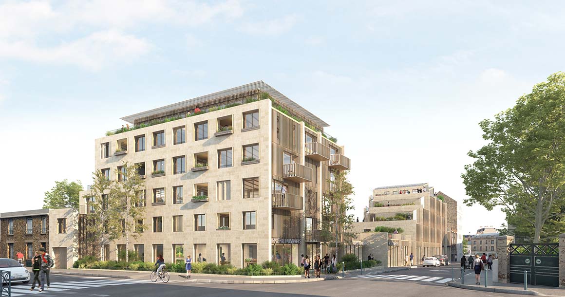 D’un mur à l’autre : le secteur Méhul est l’un des plus attractifs de Pantin : proche du métro, il bénéficie de la proximité immédiate de nombreux services urbains : commerces, équipements, canal de l’Ourq…. Le projet « d’un mur à l’autre », qui pendra place dans le quartier, s’étendra sur plus de 3 000 m². Il se présente comme le démonstrateur d’un nouveau modèle constructif résilient, affichant un bilan carbone positif en superstructure. Ce programme mixte accueillera notamment 300 m² d’agriculture urbaine en toiture dont la production fournira à la fois les cuisines du restaurant local ou sera vendu en paniers bio dans la halle locavore du projet. En cœur d’ilots, une vaste terrasse partagée complète l’ensemble. (MO : groupe Arc / MOe : Explorations Architecture)