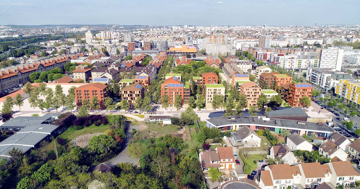 Nanterre partagé : le projet de restructuration du quartier situé au sud-ouest de l’hôpital Max Fourestier à Nanterre prévoit la création d’une « ville-nature » au milieu de parcs et de jardins. Composé essentiellement de logements et d’espaces partagés, il offre une large place à la végétalisation, au sol comme en toiture. (MO : groupe CDU / MOe : SCAu, Reichen et Robert Associés, Nem / Niney et Marca architectes)