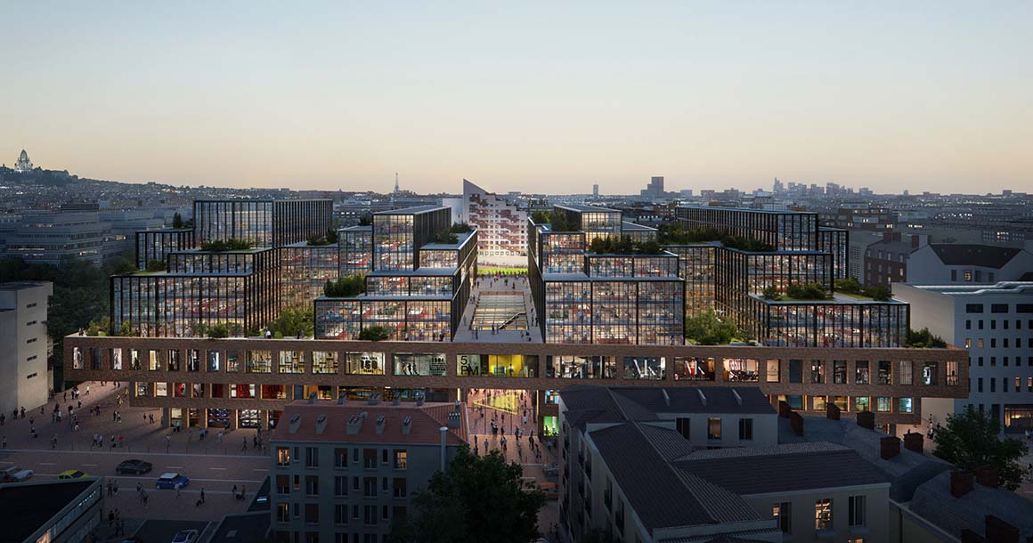 Bauer District : Le stade Bauer, si cher aux habitants de Saint-Ouen, ne dispose plus des capacités d’accueil suffisante. La construction du Bauer District, en lieu et place de l’actuel, permettra de le maintenir au cœur de la ville. Il sera associé à un programme mixte de 40 000 m² (15 400 m² de commerces, 16 100 m² de bureaux et d’espaces de travail collaboratif, 4 000 m² de centre de santé, 3 300 m² d’espaces de loisir, 1 200 m² d’équipements culturels et artistiques, un bar restaurant…) et presque autant de toitures-terrasses réservant de larges espaces à la végétalisation. (MO : Réalités / MOe : SCAU Architecture, Clément Blanchet Architecture)